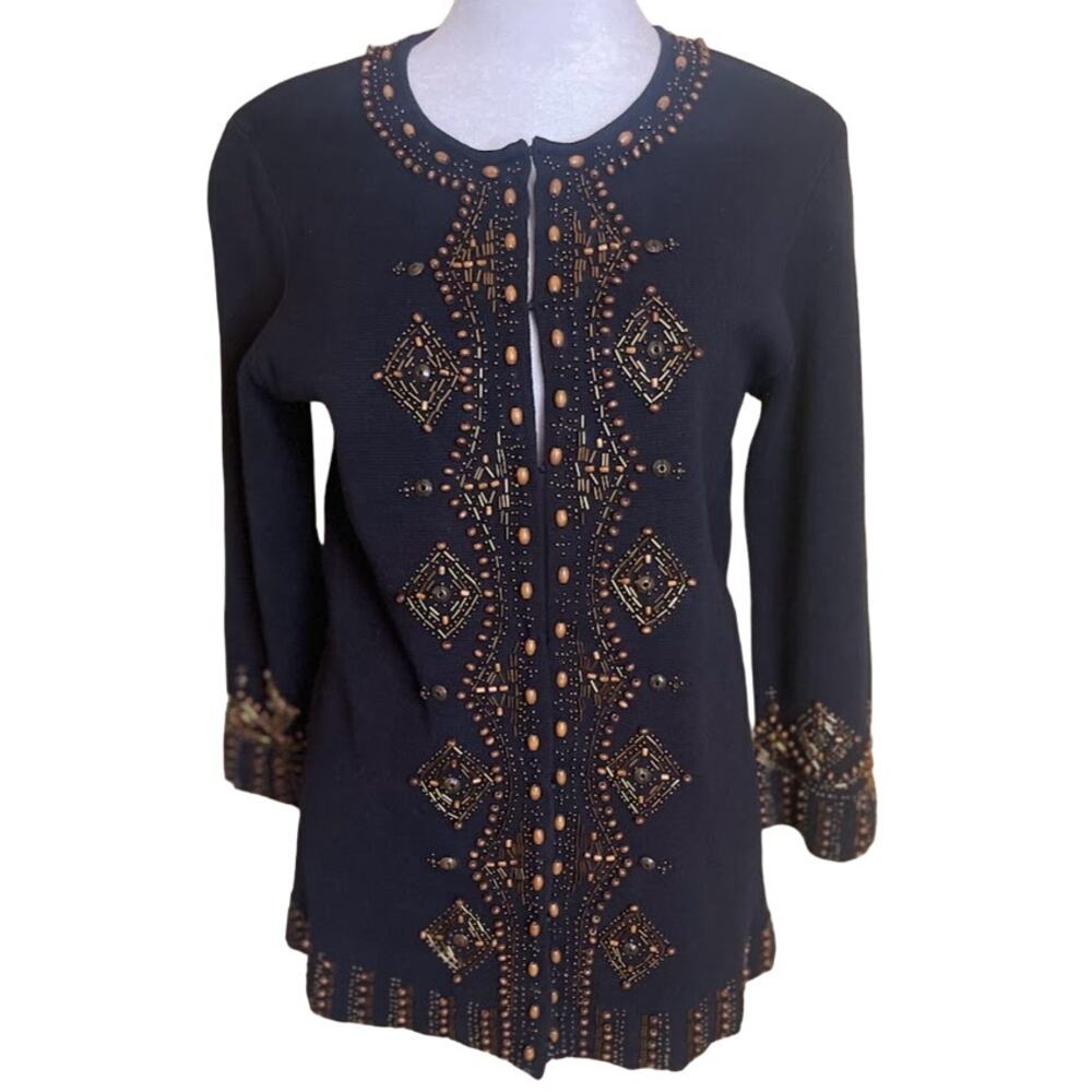 Chico's Black Cotton Sweater with Gold & Brown Beading‎ Detail Size 8 NWOT